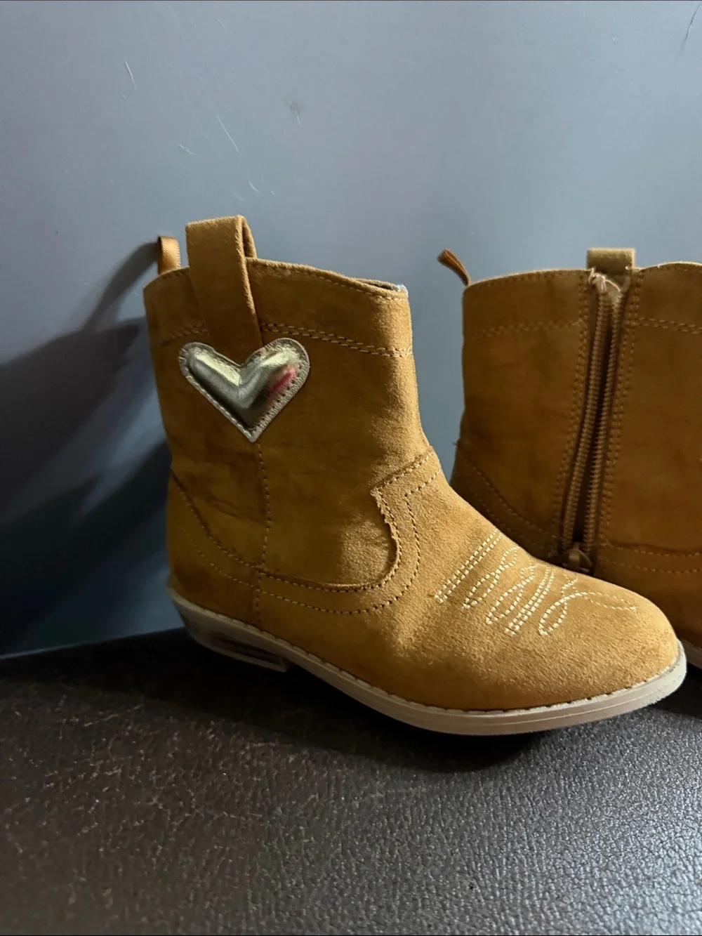 Old Navy Tan Suede Kids Booties with Silver Heart Accent